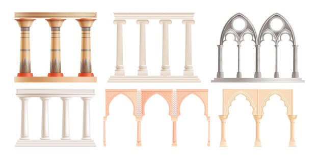 Conjunto realista de columnas y arcos de piedra griegos romanos orientales aislados en la ilustración de vector de fondo blanco