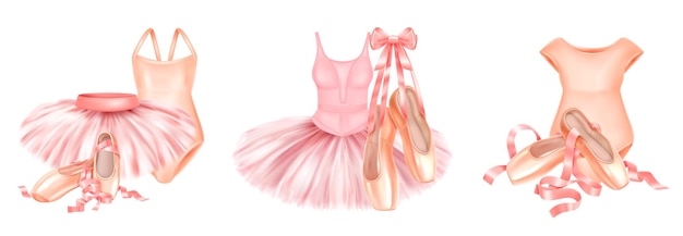 Conjunto realista de composiciones con accesorios de ballet en colores rosa y melocotón ilustraciones vectoriales aisladas