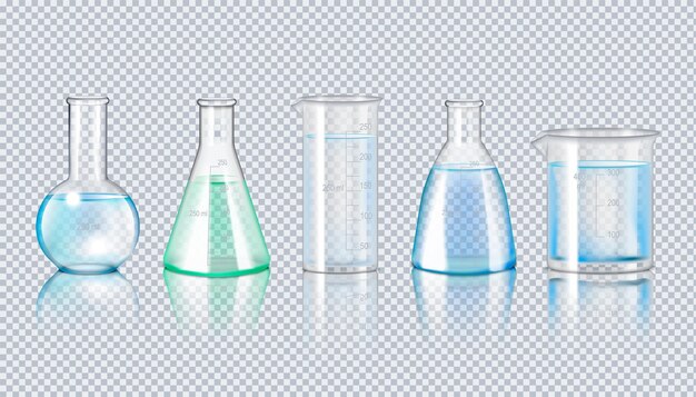 Conjunto realista de cristalería de laboratorio de matraces Ilustración