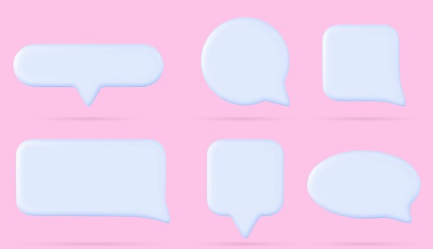 Conjunto realista de cuadros de diálogo 3D aislados en el fondo Ilustración vectorial de cuadros de diálogo de forma ovalada de rectángulo cuadrado redondo con sombras Marcos de comentarios de mensajes blancos en blanco para redes sociales
