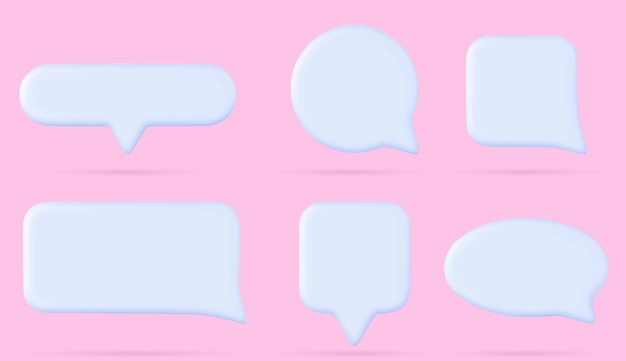 Conjunto realista de cuadros de diálogo 3D aislados en el fondo Ilustración vectorial de cuadros de diálogo de forma ovalada de rectángulo cuadrado redondo con sombras Marcos de comentarios de mensajes blancos en blanco para redes sociales