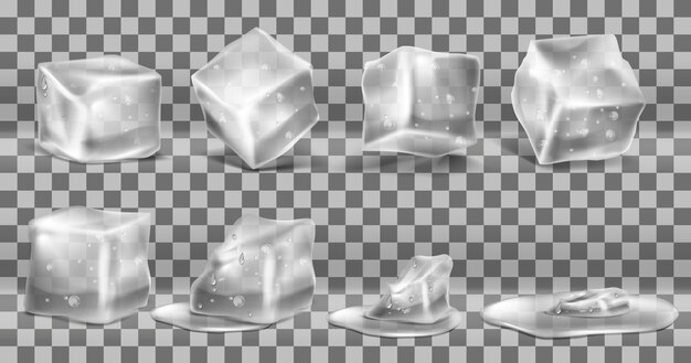 Conjunto realista de cubos de hielo sólido frío, proceso de fusión de bloques helados con gotas