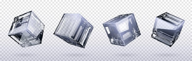 Conjunto realista de cubos de vidrio 3D aislados en fondo transparente Ilustración vectorial de bloques de cristal vacíos trozos de hielo cuadrados con superficie brillante suave y ángulo de visión reflejo de luz