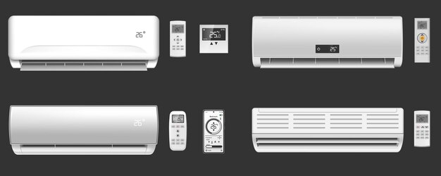 Conjunto realista de diferentes acondicionadores de aire modernos con controles remotos y termostatos en ilustración vectorial aislada de fondo negro