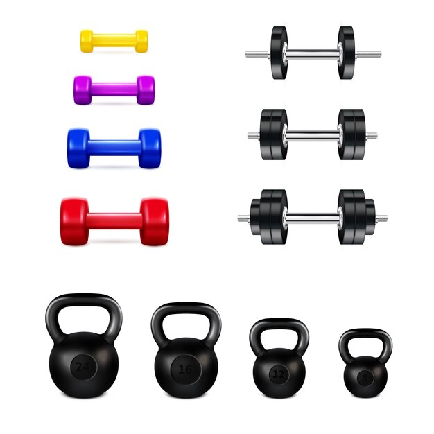 Conjunto realista de diferentes equipos de gimnasio, incluidas pesas de colores, pesas rusas de metal y pesas, ilustración vectorial aislada