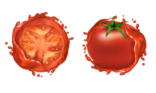 Conjunto realista de dos tomates maduros rojos, vegetales frescos y mitad