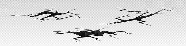 Conjunto realista de efectos de grietas en el suelo aislados en fondo transparente Ilustración vectorial de la superficie de la tierra rota después de un terremoto o sequía dañado piso de concreto textura dividida agujero de erosión