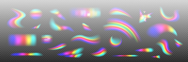 Conjunto realista de efectos de refracción de luz aislados en fondo transparente ilustración vectorial de la luz del sol del arco iris patrón de desenfoque de diamante iridiscente resplandores ópticos holográficos abstractos