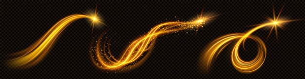 Conjunto realista de efectos de vórtice de luz dorada aislados en fondo transparente Ilustración vectorial de líneas amarillas luminosas partículas de brillo brillante varita mágica giro brillante decoración navideña