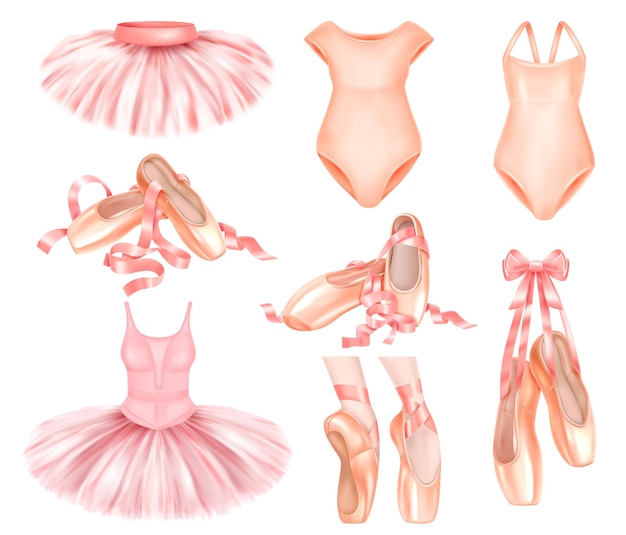 Conjunto realista de elegantes faldas de tutú de ballet, botas y traje aislado en ilustración de vector de fondo blanco