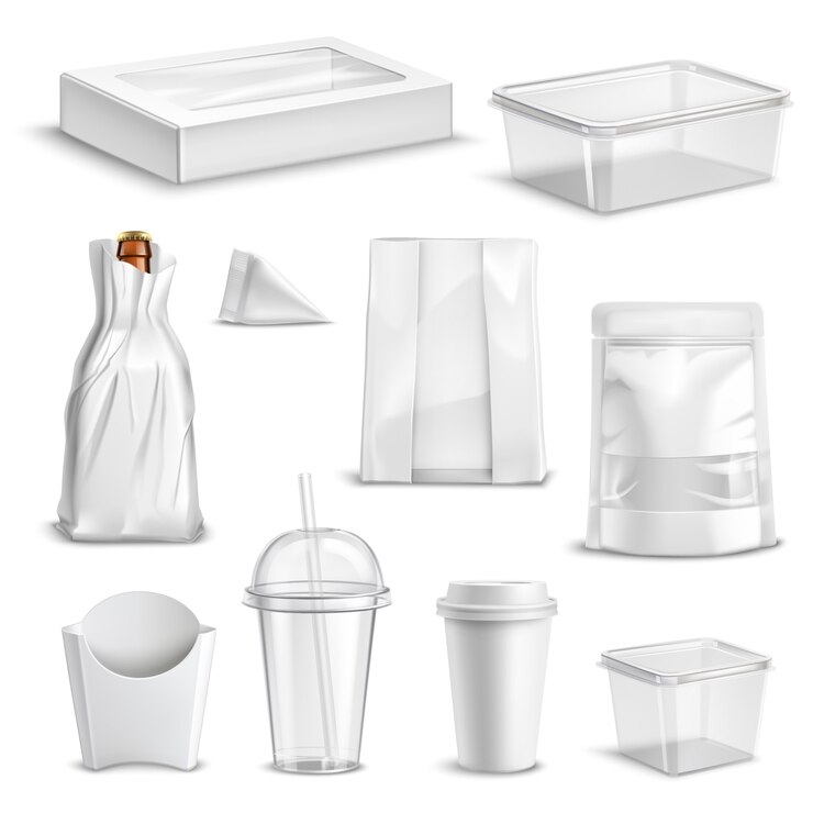 Vector gratuito conjunto realista de envasado de alimentos en blanco