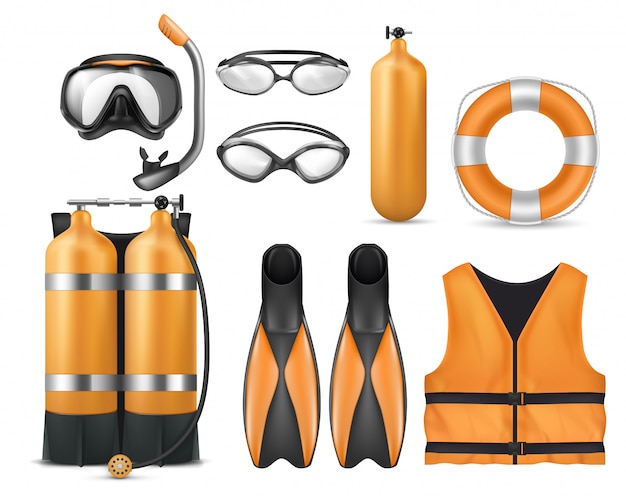 Vector gratuito conjunto realista de equipo de buceo, máscara de snorkel, aletas, gafas de natación, aqualung