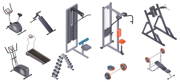 Conjunto realista de equipos de gimnasia con barra de bloque superior, cinta de correr, bicicleta de ejercicio, banco de abdominales, ilustración vectorial aislada