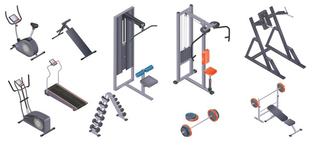 Conjunto realista de equipos de gimnasia con barra de bloque superior, cinta de correr, bicicleta de ejercicio, banco de abdominales, ilustración vectorial aislada