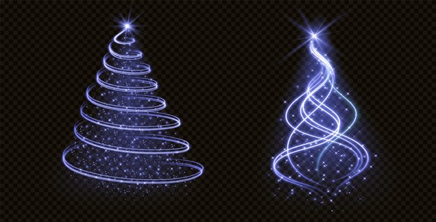 Conjunto realista de espiral azul neón y cono de árboles de luz navideña aislados en fondo transparente Ilustración vectorial de remolinos navideños decorados con estrellas y partículas brillantes Decoración navideña
