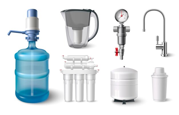 Conjunto realista de filtro de agua con ilustración de vector aislado de jarra y grifo