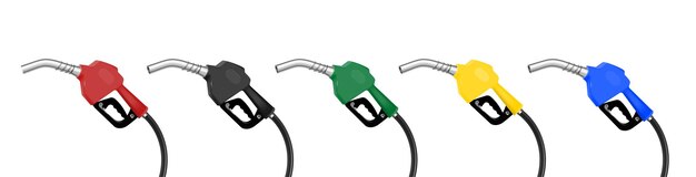 Conjunto realista de gas combustible de cinco boquillas de bomba de mango de colores aisladas en la ilustración de vector de fondo blanco