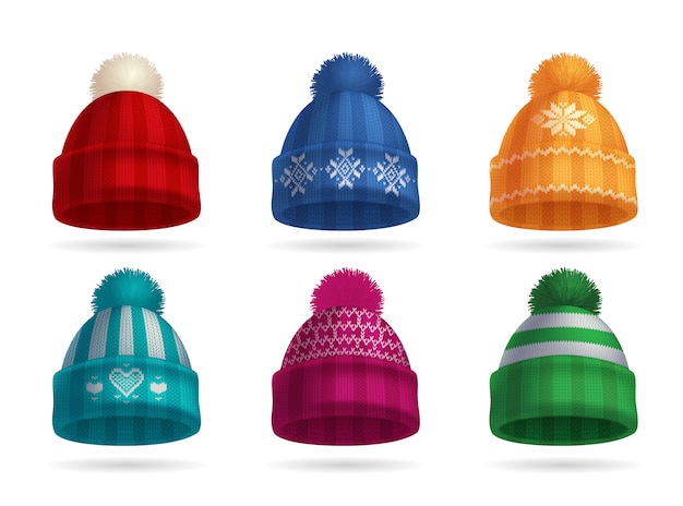 Conjunto realista de gorro de invierno con sombrero y guantes aislados
