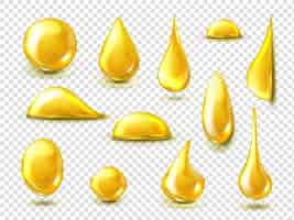 Vector gratuito conjunto realista de gotas doradas de aceite o miel.
