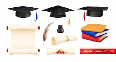 Vector gratuito conjunto realista de graduación con íconos aislados de sombreros académicos con diplomas pergaminos pluma y libros pila ilustración vectorial