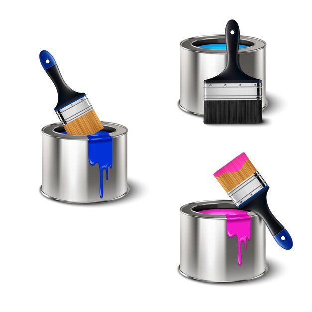 Conjunto realista de herramientas de pintura con pinceles de latas de metal y gotas de color de pintura ilustración vectorial aislada