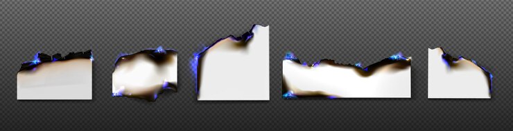 Vector gratuito conjunto realista de hojas de papel en llamas en transparente.