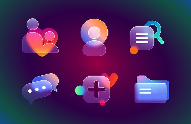 Conjunto realista de iconos de interfaz de usuario de morfismo de vidrio para sitio web o aplicación móvil Ilustración vectorial de carpeta de contactos búsqueda chat agregar y botones de elementos de diseño de efecto de morfismo de vidrio de usuario con gradiente de desenfoque