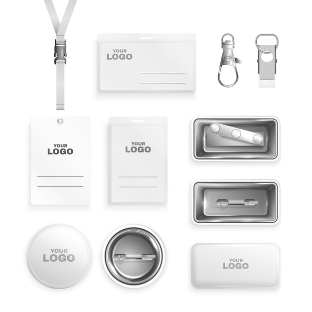 Conjunto realista de insignias de metal y papel en blanco con cordón y clips ilustración vectorial aislada