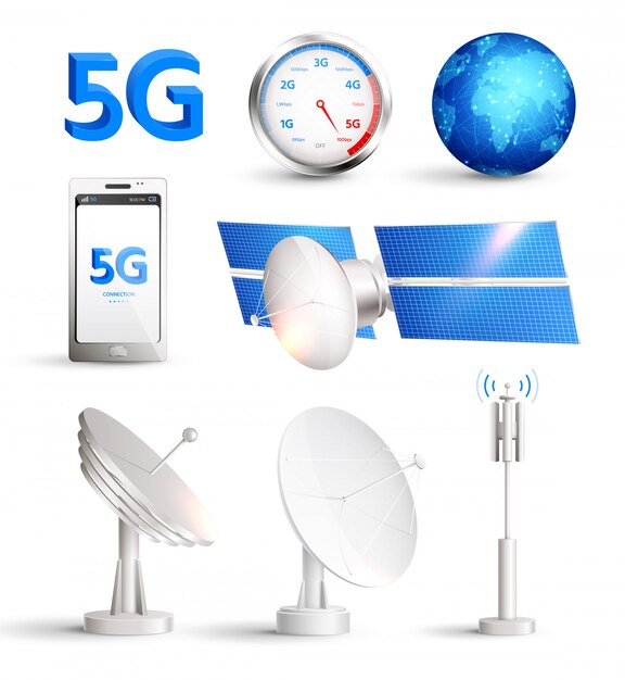 Conjunto realista de internet móvil de alta velocidad con satélites y teléfonos inteligentes con título 5g aislado