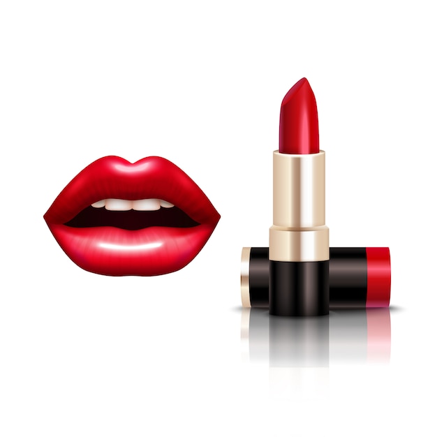 Conjunto realista de labios y lápiz labial con ilustración vectorial de color rojo brillante aislado