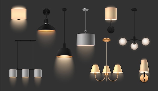 Vector gratuito conjunto realista de lámparas colgantes y de pared brillantes para interiores modernos aislados en ilustración vectorial de fondo oscuro