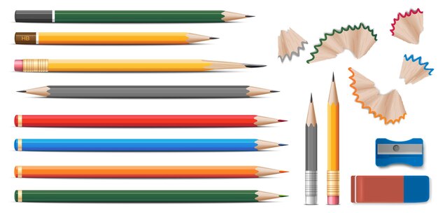 Conjunto realista de lápices de madera de colores con borrador y sacapuntas en ilustración de vector aislado de fondo blanco