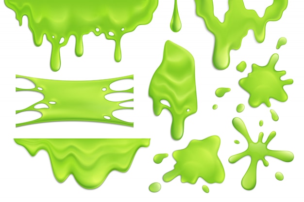 Conjunto realista de limo verde blots y gotas ilustración aislada