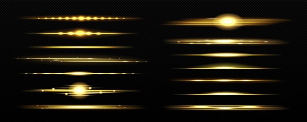 Conjunto realista de líneas de luz dorada aisladas en fondo transparente Ilustración vectorial de lámpara LED amarilla brillo brillante amanecer flash en el horizonte efecto de energía mágica divisor de sol