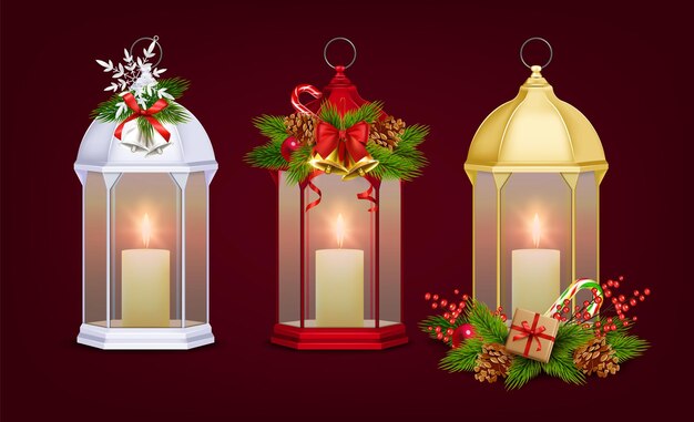 Conjunto realista de linterna navideña con decoración para símbolos de celebración ilustración vectorial aislada