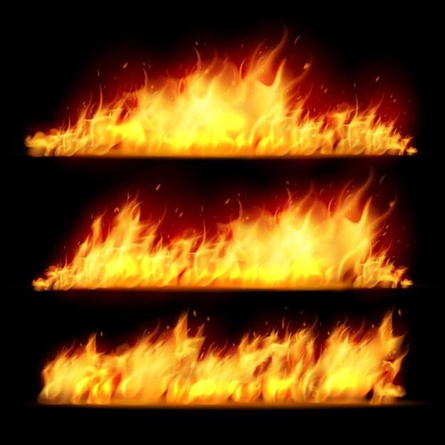Conjunto realista de llama de fuego horizontal sobre fondo negro ilustración vectorial aislada