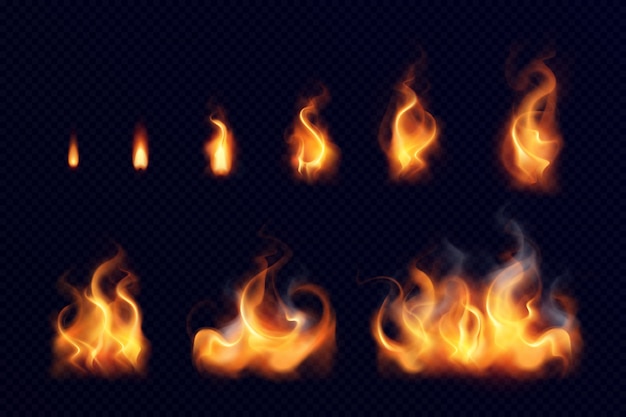 Conjunto realista de llama de fuego de pequeños y grandes elementos brillantes sobre fondo negro aislado