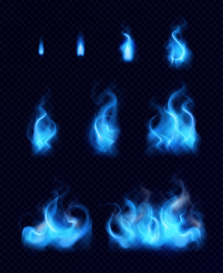 Vector gratuito conjunto realista de llamas de gas azul de diferentes formas y tamaños sobre fondo negro aislado