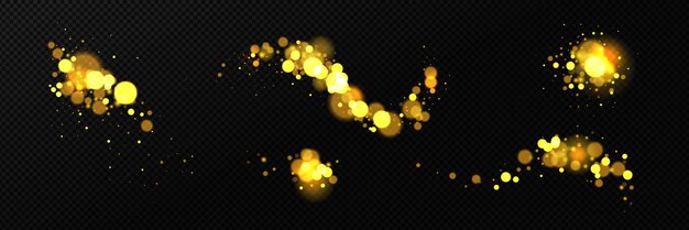 Conjunto realista de luces amarillas borrosas que brillan sobre fondo negro Ilustración vectorial de guirnalda festiva abstracta magia brillante polvo fantasía luciérnagas en la noche Elementos de diseño de pancarta