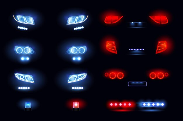 Conjunto realista de luces led automotrices con barras de faros delanteros y traseros vistas del coche que brilla en la oscuridad ilustración vectorial