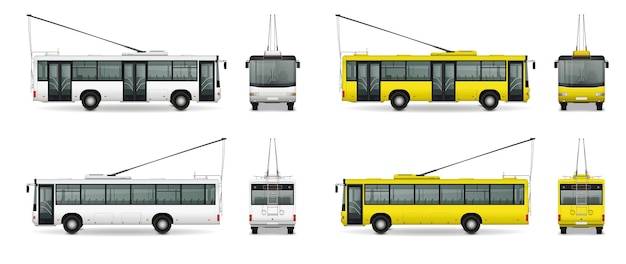 Conjunto realista de maqueta de autobús con imágenes aisladas de trolebuses de color blanco y amarillo en la ilustración de vector de fondo en blanco