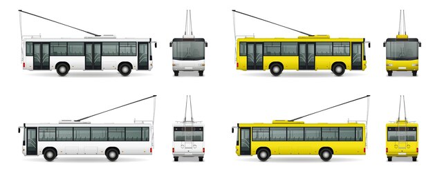 Conjunto realista de maqueta de autobús con imágenes aisladas de trolebuses de color blanco y amarillo en la ilustración de vector de fondo en blanco