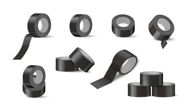 Conjunto realista de maqueta de cinta adhesiva negra de rollos de cinta aislados de color gris en la ilustración de vector de fondo en blanco