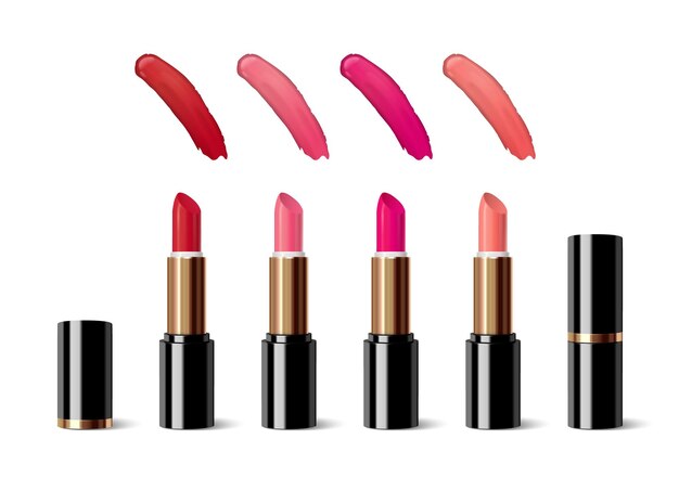Conjunto realista de maquillaje labial de lápiz labial colorido con muestras y tubo aislado ilustración vectorial