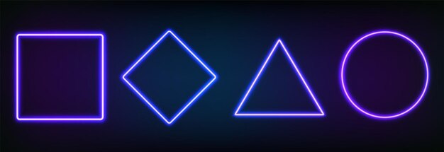 Conjunto realista de marcos de neón de diferentes formas geométricas con retroiluminación LED. Borde fluorescente brillante aislado sobre fondo oscuro. Forma iluminada brillante de rectángulo, cuadrado, círculo y rombo