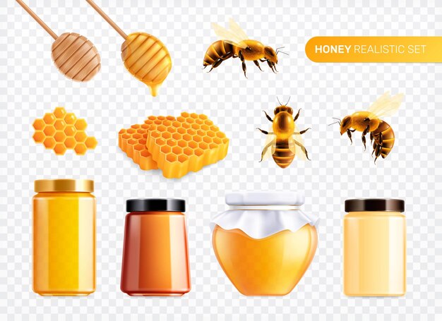 Conjunto realista de miel con imágenes aisladas de abejas con peines y latas de vidrio llenas de ilustración vectorial de miel