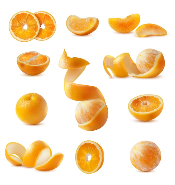 Conjunto realista de naranjas maduras frescas cortadas y peladas enteras con piel aislada en la ilustración de vector de fondo blanco