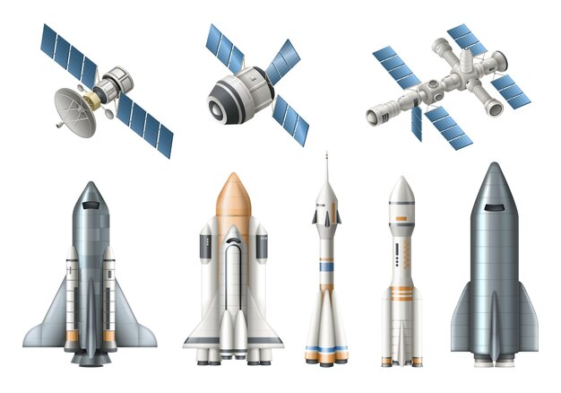 Conjunto realista de nave espacial con estación espacial de lanzadera de satélite de cohete aislada sobre ilustración de vector de fondo blanco