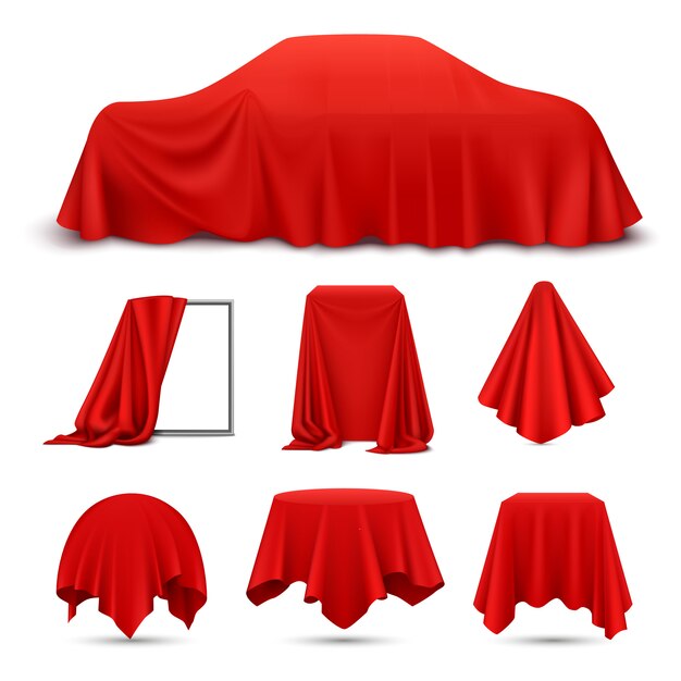 Conjunto realista de objetos cubiertos de tela de seda roja con cortina de mantel de servilleta colgante de marco drapeado