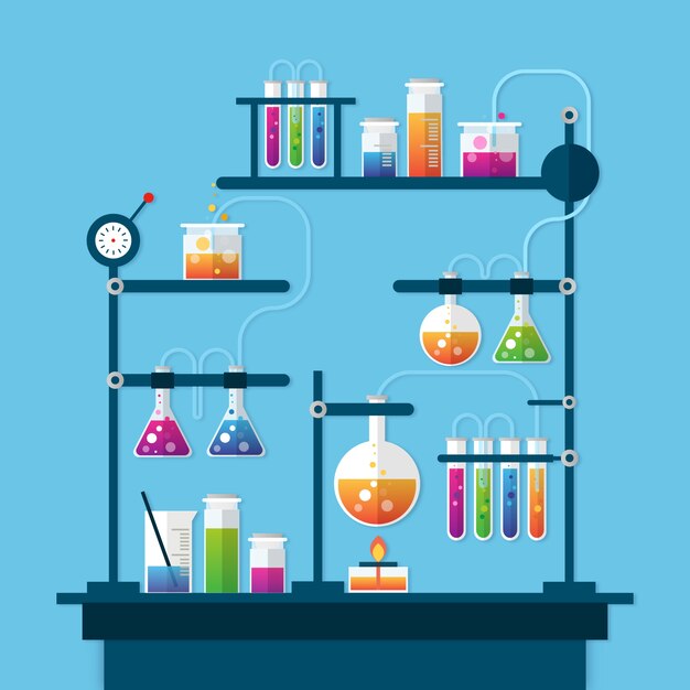 Conjunto realista de objetos de laboratorio de ciencias.
